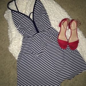 Navy and white backless stripe dress